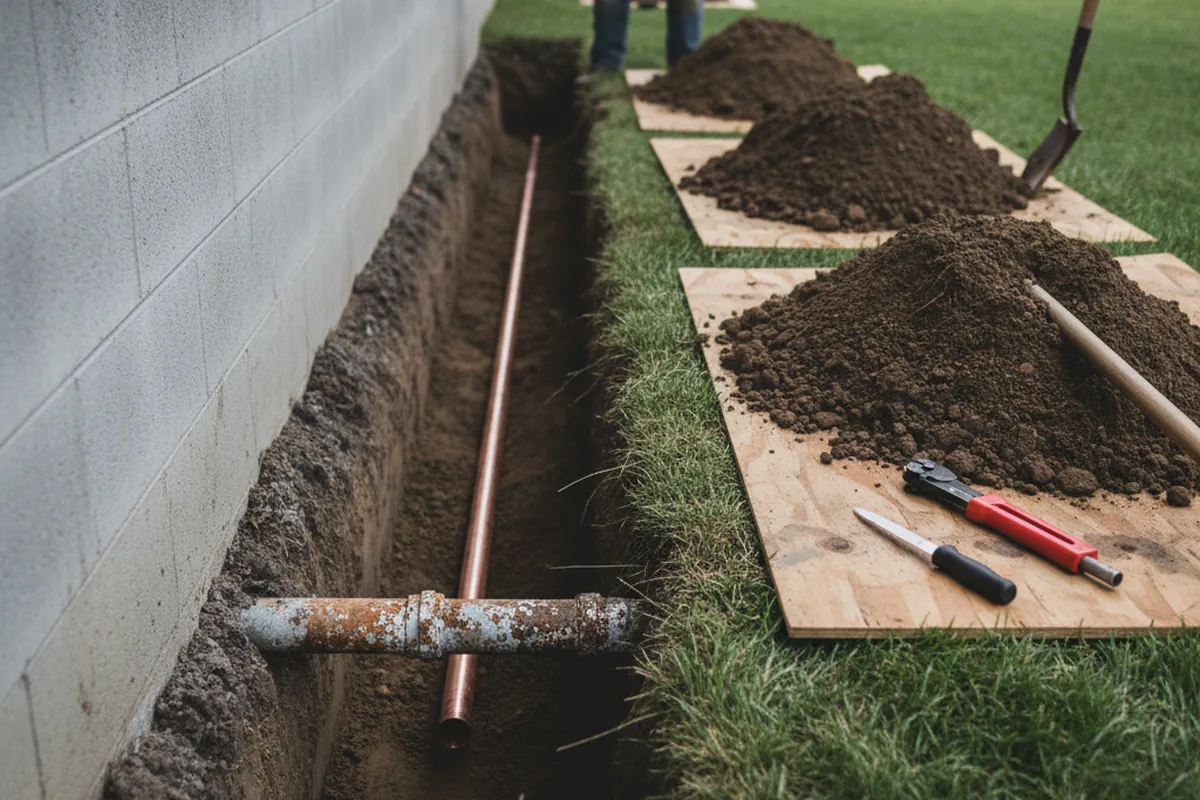Excavated water line trench during Sewer Line Repair in Berkeley